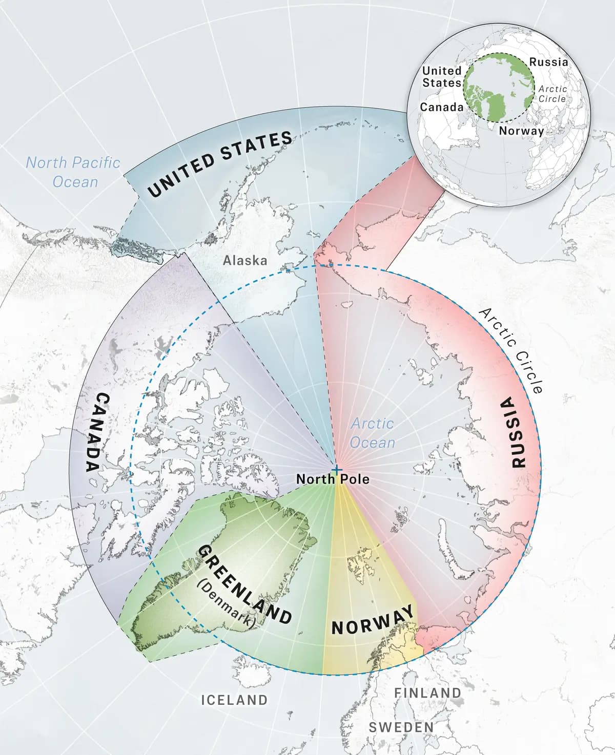 Un mapa centrado en el Polo Norte, que muestra la región ártica y los países circundantes. (Ilustración de The Epoch Times)