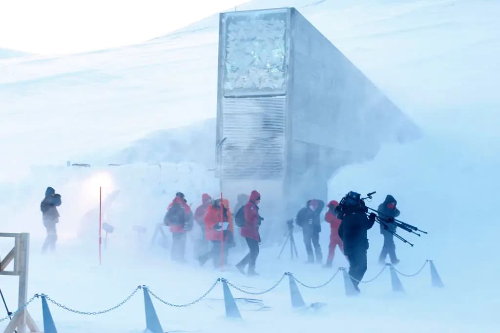<em>Periodistas y camarógrafos caminan bajo una ráfaga de viento frío cerca de la entrada de la Bóveda Global de Semillas de Svalbard, inaugurada oficialmente cerca de Longyearbyen el 26 de febrero de 2008. (Larsen, Hakon Mosvold /SCANPIX NORWAY/AFP vía Getty Images).</em>