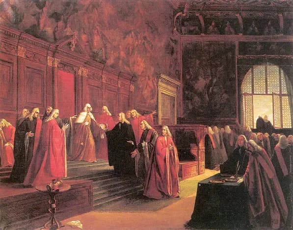 Un cuadro que representa la caída de la República de Venecia (1797): la abdicación del último dux, Ludovico Manin. (Dominio público).