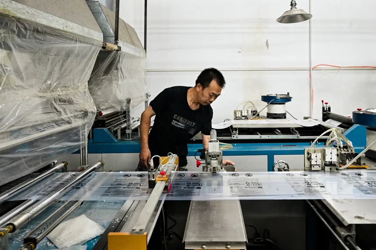 Un trabajador maneja paquetes para una empresa de entregas que presta servicios al gigante de las compras en línea Temu, en Guangzhou, provincia de Guangdong, China, el 12 de agosto de 2025. (Adek Berry/AFP vía Getty Images)
