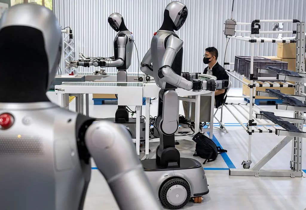 <em>Un técnico supervisa a los robots humanoides de la empresa china UBTECH mientras demuestran sus habilidades laborales en un entorno simulado de fábrica-almacén durante la Conferencia Mundial de Robótica en Beijing, China, el 20 de agosto de 2026. (Foto de Kevin Frayer/Getty Images).</em>
