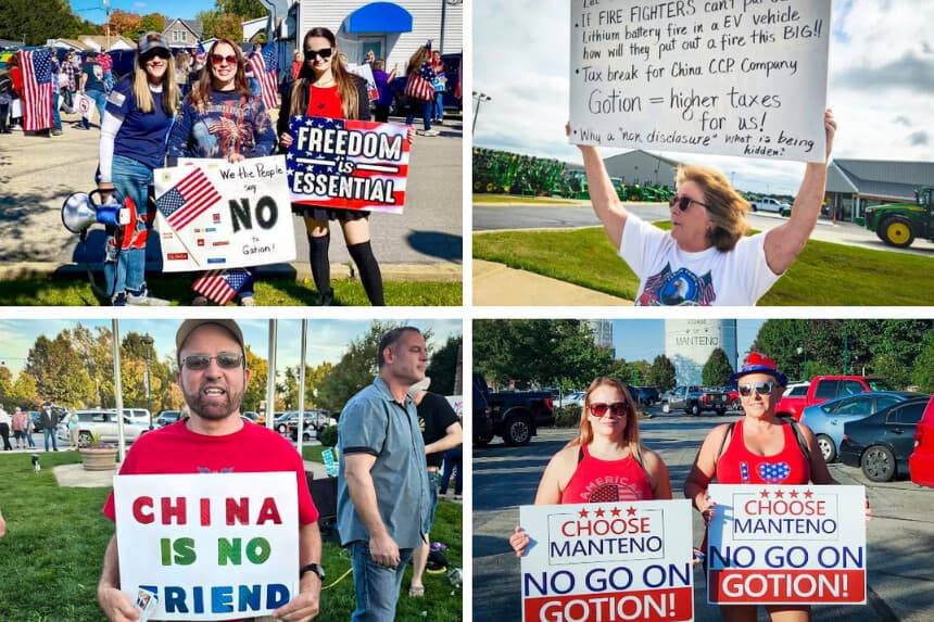 (Arriba izquierda) Jillian Rojas, Amanda Piker y otro residente protestan en Manteno, Illinois, el 22 de octubre de 2023. (Arriba derecha) Ann Gates protesta frente al sitio de la planta el 8 de septiembre de 2023, cuando Pritzker anunció el proyecto. (Abajo izquierda) Darrel Bruck protesta frente al Ayuntamiento de Manteno el 2 de octubre de 2023. (Abajo derecha) Residentes de Manteno se oponen a la planta de Gotion. (Cortesía de Amanda Piker; Concerned Citizens of Manteno).