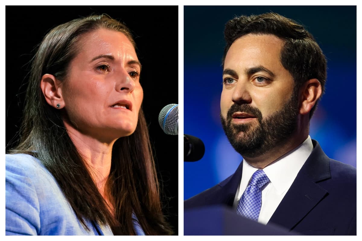 (Izquierda) Cait Conley se dirige a sus simpatizantes en Tarrytown, Nueva York, el 16 de septiembre de 2026. (Spencer Platt/Getty Images) (Derecha) El representante Mike Lawler (R-N.Y.) habla en un escenario en Dallas, Texas, el 10 de septiembre de 2026. (Kevin Dietsch/Getty Images)