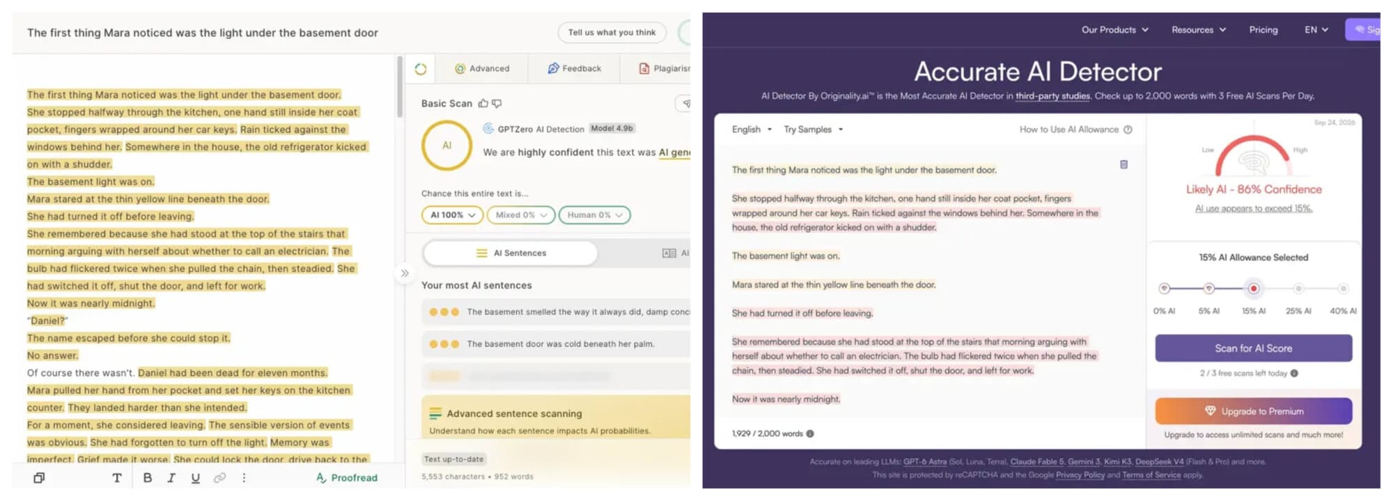 (Izquierda) GPTZero, una herramienta de detección de textos generados por IA, califica una muestra generada al 100 por ciento por IA mediante ChatGPT como 100 por ciento de IA. (Derecha) Originality.AI, otra herramienta de detección de textos generados por IA, califica una muestra generada al 100 por ciento por IA mediante ChatGPT como 51 por ciento de IA. (Capturas de pantalla vía The Epoch Times/GPTZero, Originality.AI)0