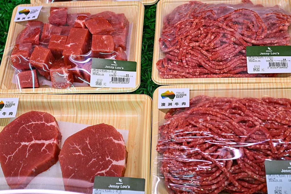 <em>Carne de res importada de Australia en un supermercado de Beijing el 1 de enero de 2026. (Adek Berry/AFP vía Getty Images).</em>