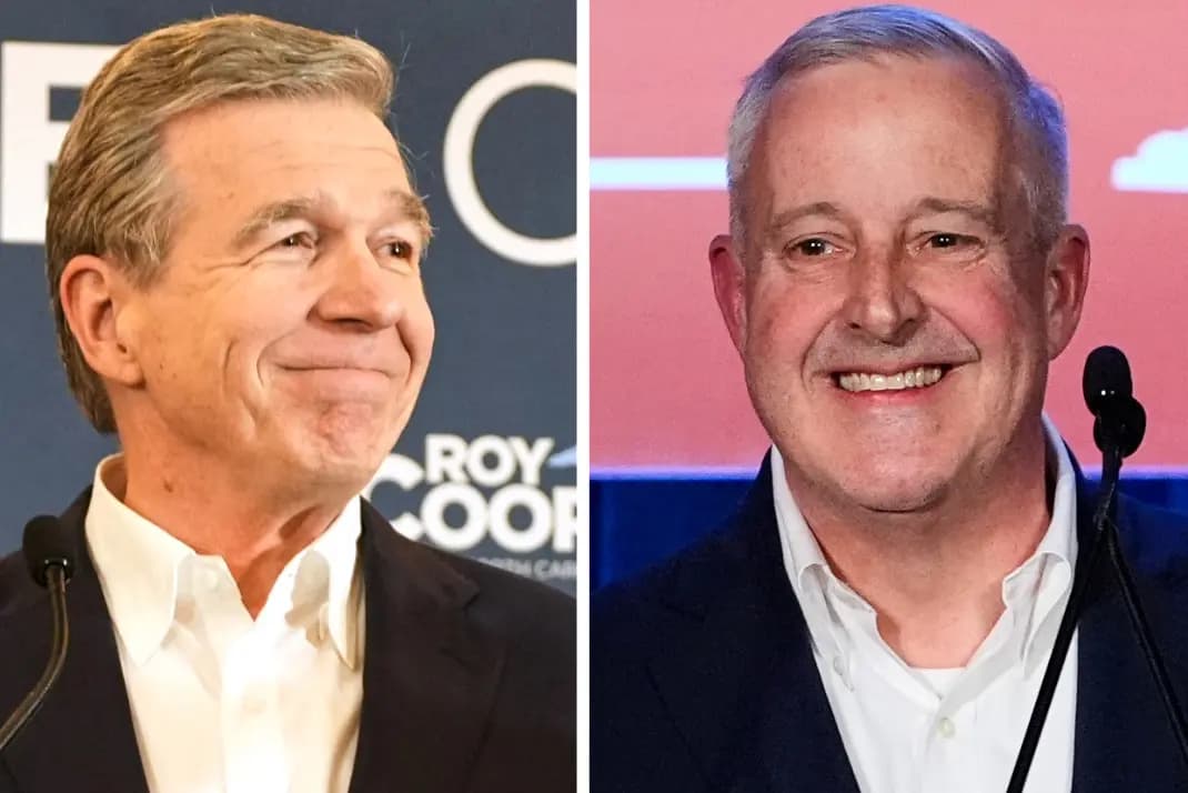 <em>El candidato demócrata al Senado por Carolina del Norte, el exgobernador Roy Cooper (izquierda), y el candidato republicano, el expresidente del Comité Nacional Republicano (RNC), Michael Whatley, hablan en fiestas separadas para seguir los resultados de las elecciones primarias en Raleigh y Charlotte, Carolina del Norte, el 3 de marzo de 2026. (Matt Ramey, Erik Verduzco/AP Photo).</em>