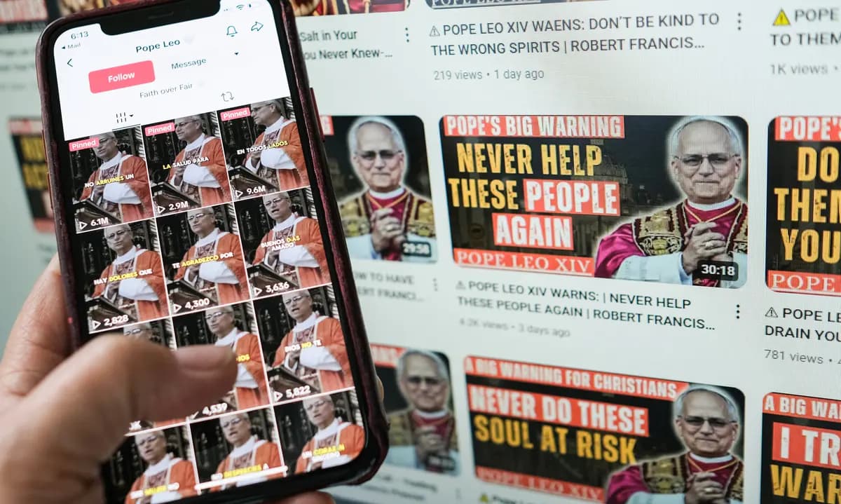 <em>Una pantalla de teléfono inteligente y una de computadora muestran cuentas de YouTube y TikTok publicando audio deepfake generado por IA del Papa León XIV en Los Ángeles el 2 de junio de 2025. (Chris Delmas/AFP vía Getty Images).</em>