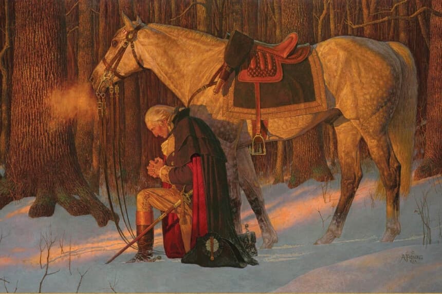 “La oración en Valley Forge”, 1975, de Arnold Friberg. La pintura fue realizada para la celebración del bicentenario de Estados Unidos en 1976. (Arnold Friberg/First Freedom Art Company).




