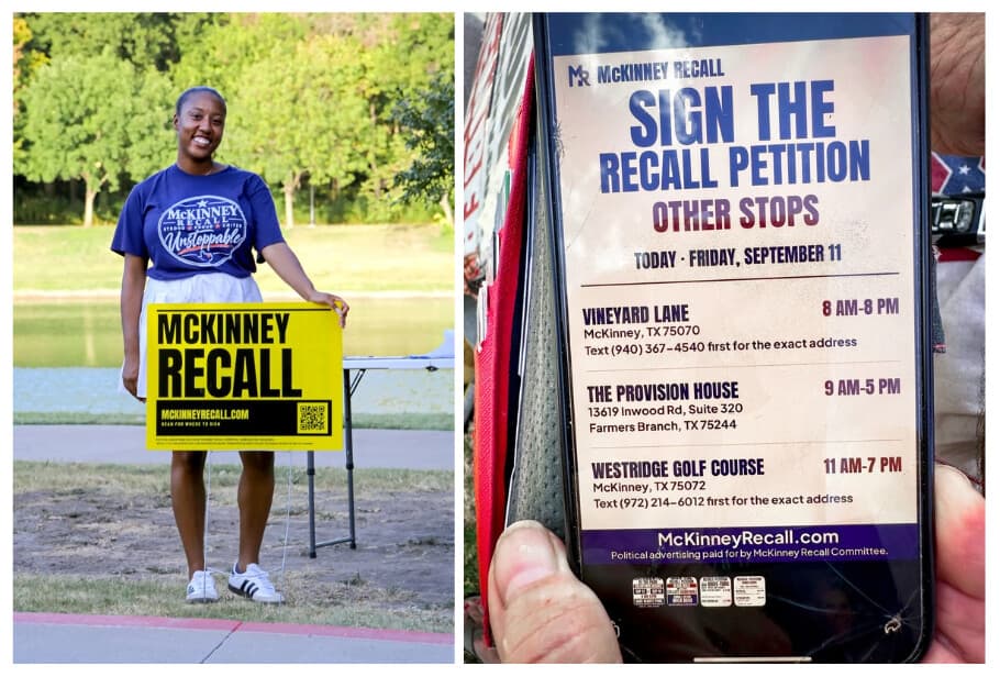 (Izquierda) La activista Ashley Marie Louden se encuentra en el lugar de una mezquita propuesta en McKinney, Texas, el 15 de septiembre de 2026. (Derecha) Los lugares para firmar una petición para destituir a los miembros del Ayuntamiento de McKinney que votaron a favor de la ampliación de una mezquita se muestran en un teléfono en Plano, Texas, el 11 de septiembre de 2026. (Bobby Sánchez para The Epoch Times, Darlene Sanchez/The Epoch Times).