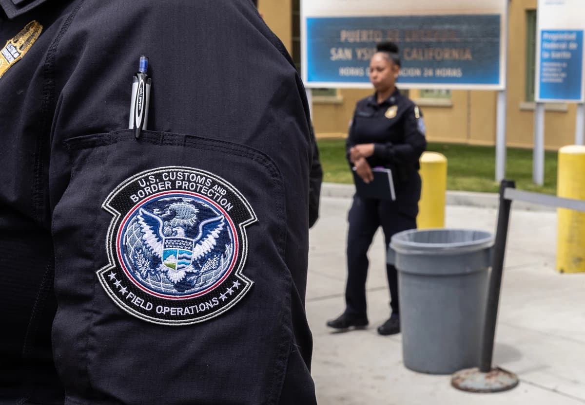 Agentes del Servicio de Aduanas y Protección Fronteriza de EE. UU. monitorean el tráfico fronterizo en el distrito de San Ysidro, San Diego, el 26 de mayo de 2026. (John Fredricks/The Epoch Times).