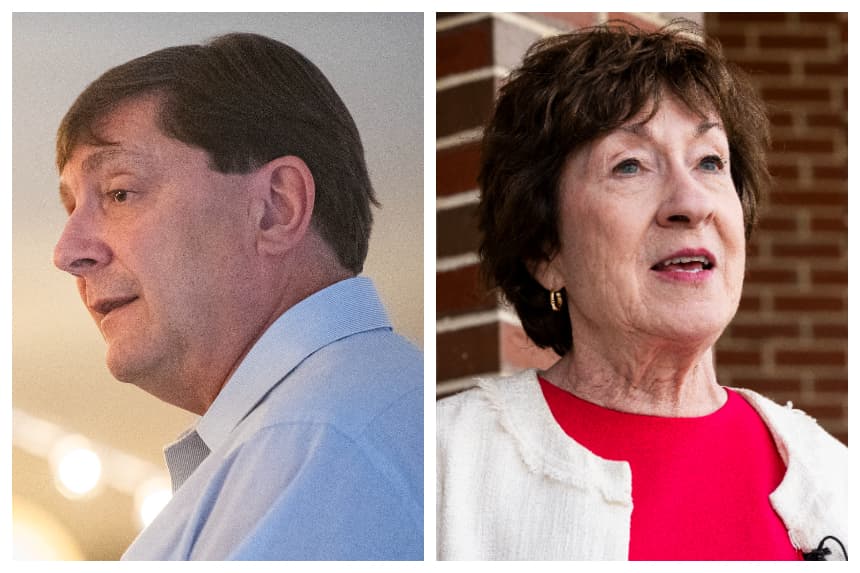 (I) Troy Jackson, candidato demócrata al Senado por Maine, pronuncia un discurso en la celebración "Lobster Bake" de los demócratas de York-Ogunquit, organizada por Neil Rolde en 2026, el 13 de septiembre de 2026 en York, Maine. (Joseph Prezioso/Getty Images) (D) La senadora Susan Collins (R-ME) habla con los medios de comunicación durante una visita al Hospital de Bridgton, en el marco de un receso del Congreso, el 5 de mayo de 2026 en Bridgton, Maine.(Graeme Sloan/Getty Images)
