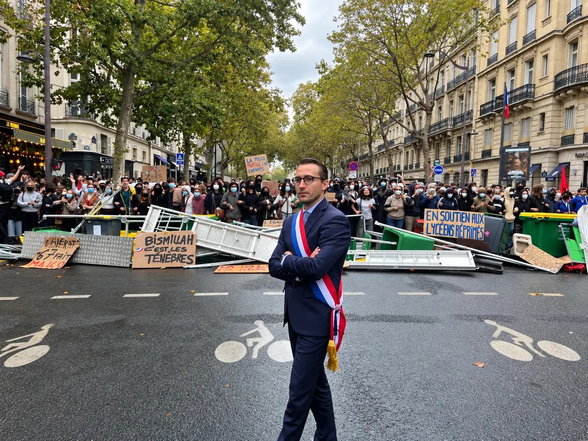 <em>El diputado francés del LFI, Antoine Léaument, se encuentra frente a los manifestantes y una barricada improvisada durante el bloqueo estudiantil cerca de Sciences Po París el 7 de octubre de 2026. (Etienne Fauchaire/The Epoch Times).</em>