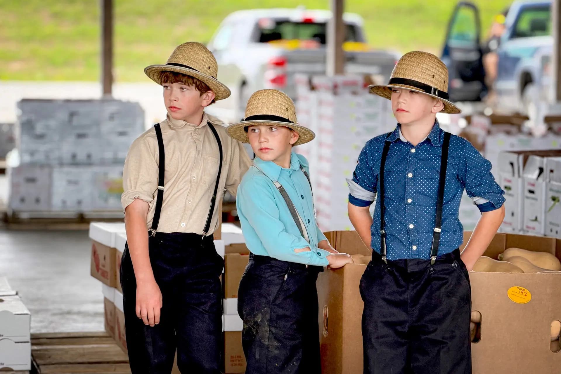 Tres niños amish observan la subasta de productos agrícolas del valle de Mohawk el 16 de septiembre de 2026. (Allan Stein/The Epoch Times).