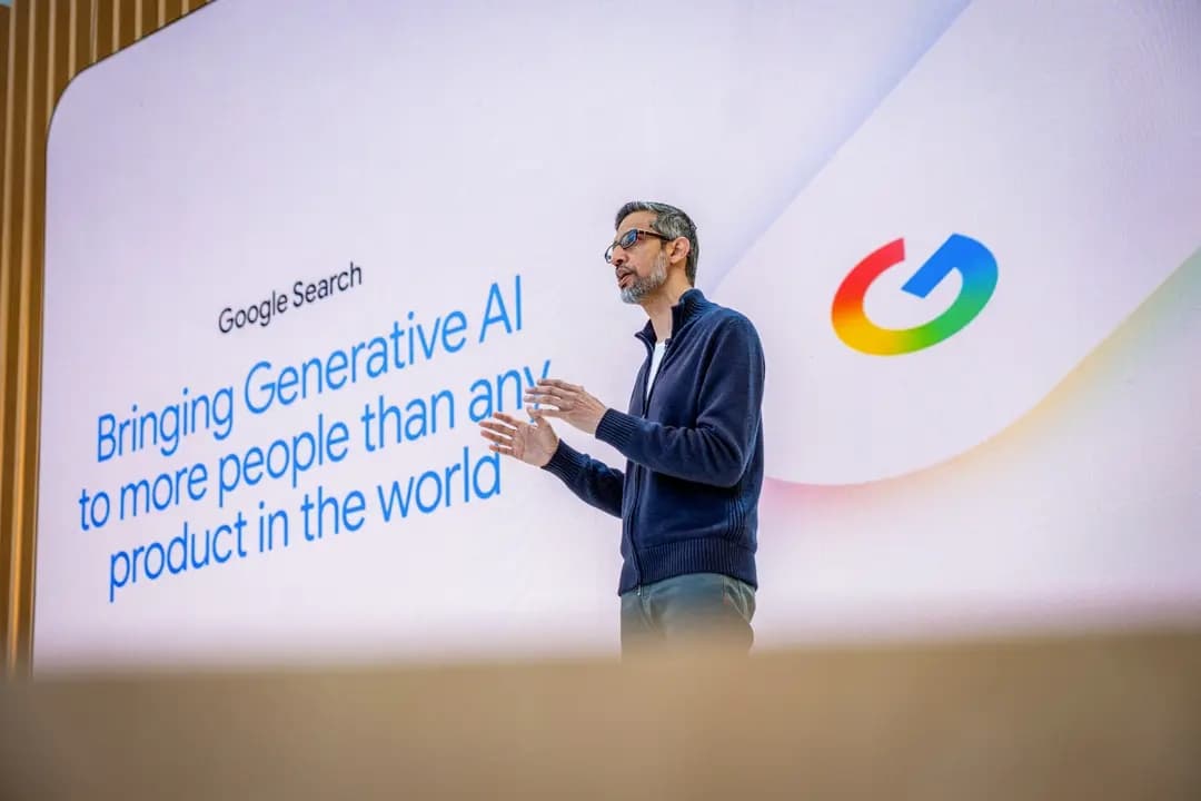 El director ejecutivo de Google, Sundar Pichai, habla durante Google I/O, la conferencia anual de desarrolladores del gigante tecnológico en Mountain View, California, el 20 de mayo de 2025. (Camille Cohen/AFP vía Getty Images)