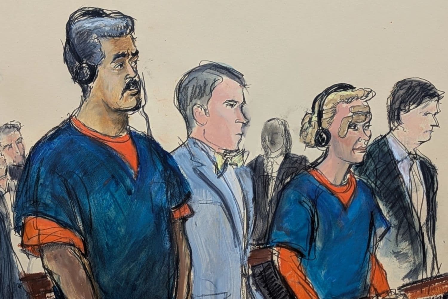 En este boceto de la sala de audiencias, el presidente venezolano Nicolás Maduro (izquierda) y su esposa, Cilia Flores (segunda por la derecha), comparecen ante una corte federal de Manhattan, en la ciudad de Nueva York, el 5 de enero de 2026. (Elizabeth Williams vía AP)