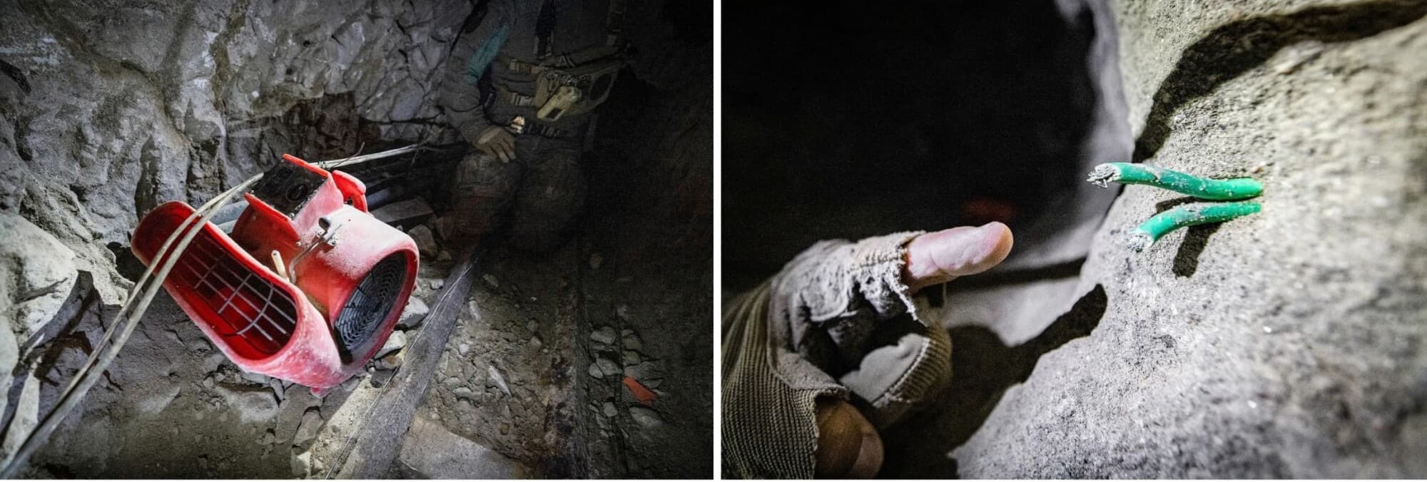 (Arriba) El agente de la Patrulla Fronteriza de EE. UU., Michael Sablan, se arrastra por un túnel de un cártel de drogas mexicano que antes conducía a un almacén en las afueras de San Diego, el 17 de septiembre de 2026. (Abajo a la izquierda) Cableado utilizado por cárteles de drogas mexicanos visible en un túnel subterráneo en las afueras de San Diego, el 17 de septiembre de 2026. (Abajo a la derecha) Un compresor de aire se encuentra en un túnel utilizado por cárteles de drogas en las afueras de San Diego, el 17 de septiembre de 2026. (John Fredricks/The Epoch Times)