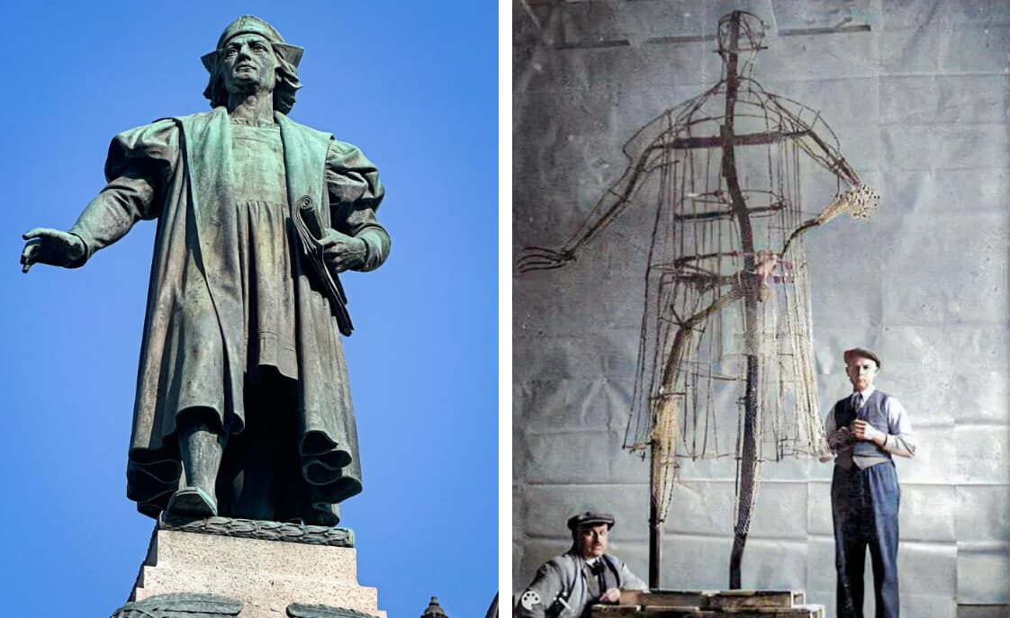 (Izquierda) Una estatua de Cristóbal Colón se alza en el centro de Syracuse, Nueva York, el 5 de septiembre de 2025. La existencia de la estatua de Colón de la ciudad, y la de otras en todo Estados Unidos, sigue en peligro, ya que los activistas continúan presionando para que se retire. (Derecha) El escultor Lorenzo Baldi posa en su estudio en Florencia, Italia, en esta fotografía histórica. Baldi fue contratado para esculpir la estatua de Colón que se encuentra en el centro de Syracuse desde 1934. (Foto de Michael Hill/AP, cortesía de Anthony Illacqua).