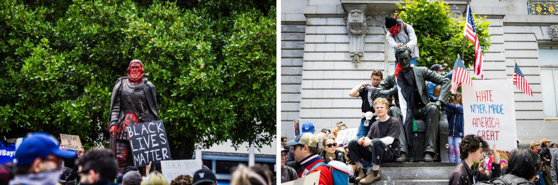 (En el sentido de las agujas del reloj desde arriba a la izquierda) Manifestantes rodean la estatua de Robert E. Lee en Richmond, Virginia, el 23 de junio de 2020. Un manifestante cuelga una pancarta de una estatua del general del Ejército de la Unión Harrison Gray Otis en MacArthur Park en Los Ángeles durante una manifestación del Primero de Mayo el 1 de mayo de 2026. Manifestantes se suben a una estatua de Abraham Lincoln durante una protesta de "No a los reyes" en San Francisco el 14 de junio de 2025. Manifestantes se reúnen alrededor de una estatua vandalizada de Ponce de León en el centro de Miami el 12 de junio de 2020. Una ola de reacciones negativas contra figuras como Cristóbal Colón, Juan Ponce de León y presidentes famosos de Estados Unidos los presenta como símbolos de opresión o privilegio blanco. (Eze Amos/Getty Images, Justin Sullivan/Getty Images, Benjamin Fanjoy/AP Photo, Chandan Khanna/AFP vía Getty Images).