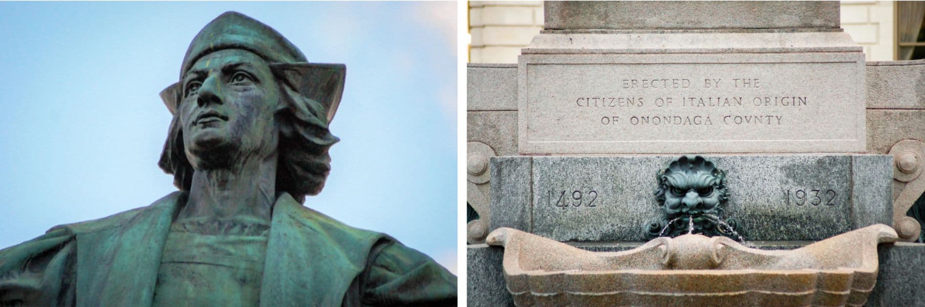 (Izquierda) Una estatua de Cristóbal Colón domina la ciudad de Syracuse, Nueva York, en esta foto sin fecha. (Derecha) Una inscripción en la base de la estatua de Colón de la ciudad destaca la contribución de los italoamericanos. (Cortesía de Anthony Ilacqua).