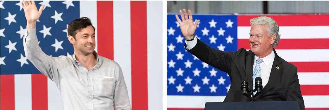 (Izquierda) El senador Jon Ossoff (D-Ga.) habla en un acto de campaña del presidente Joe Biden en Atlanta el 9 de marzo de 2024. (Derecha) El representante Mike Collins (R-Ga.) se dirige a simpatizantes del presidente Donald Trump en Peachtree City, Georgia, el 21 de agosto de 2025. (Megan Varner/Getty Images).