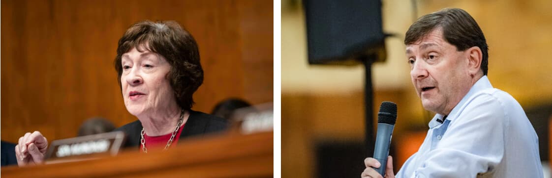 (Izquierda) La senadora Susan Collins (R-Maine) habla durante una audiencia en el Capitolio en Washington el 14 de mayo de 2025. (Derecha) El candidato demócrata al Senado por Maine, Troy Jackson, habla en un acto público en Biddeford, Maine, el 13 de septiembre de 2026. (Madalina Vasiliu/The Epoch Times, Joseph Prezioso/Getty Images).