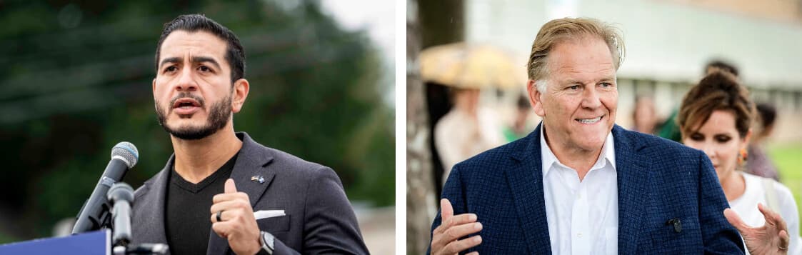 (Izquierda) El candidato demócrata al Senado por Michigan, Abdul El-Sayed, habla durante una conferencia de prensa en Detroit el 22 de septiembre de 2026. (Derecha) El exrepresentante estadounidense y actual candidato republicano al Senado por Michigan, Mike Rogers, habla con periodistas en Detroit el 9 de septiembre de 2026. (Sarah Rice/Getty Images, Jeff Kowalsky/AFP vía Getty Images).