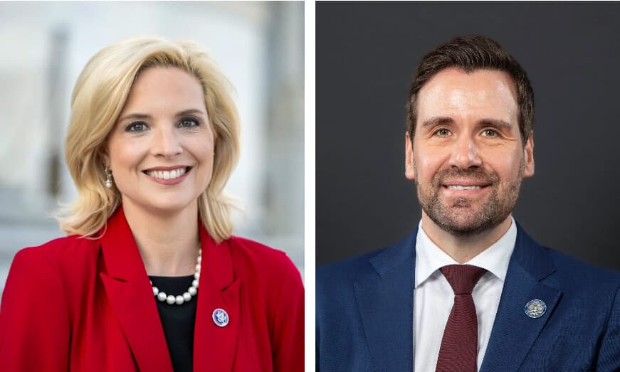 (Izquierda) La representante Ashley Hinson (R-Iowa), en un retrato oficial de 2024. (Derecha) El representante estatal demócrata de Iowa, Joshua Turek, en un retrato oficial de 2023. (Oficina de la congresista Ashley Hinson, Asamblea General de Iowa).