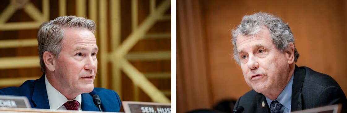 (Izquierda) El senador Jon Husted (R-Ohio) en el Capitolio en Washington el 14 de julio de 2026. (Derecha) El senador Sherrod Brown (D- Ohio) habla durante una audiencia del Comité Bancario del Senado en el Capitolio en Washington el 27 de abril de 2023. (Madalina Kilroy/The Epoch Times, Drew Angerer/Getty Images).
