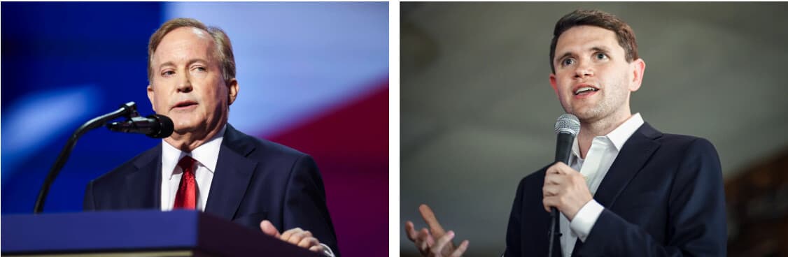 (Izquierda) El fiscal general de Texas, Ken Paxton, habla en el escenario el primer día de la Convención Nacional Republicana de 2026 en Dallas, el 9 de septiembre de 2026. (Derecha) El representante estatal de Texas y candidato demócrata al Senado, James Talarico, habla durante un mitin de campaña en Del Rio, Texas, el 13 de julio de 2026. (Kevin Dietsch/Getty Images, Brandon Bell/Getty Images).