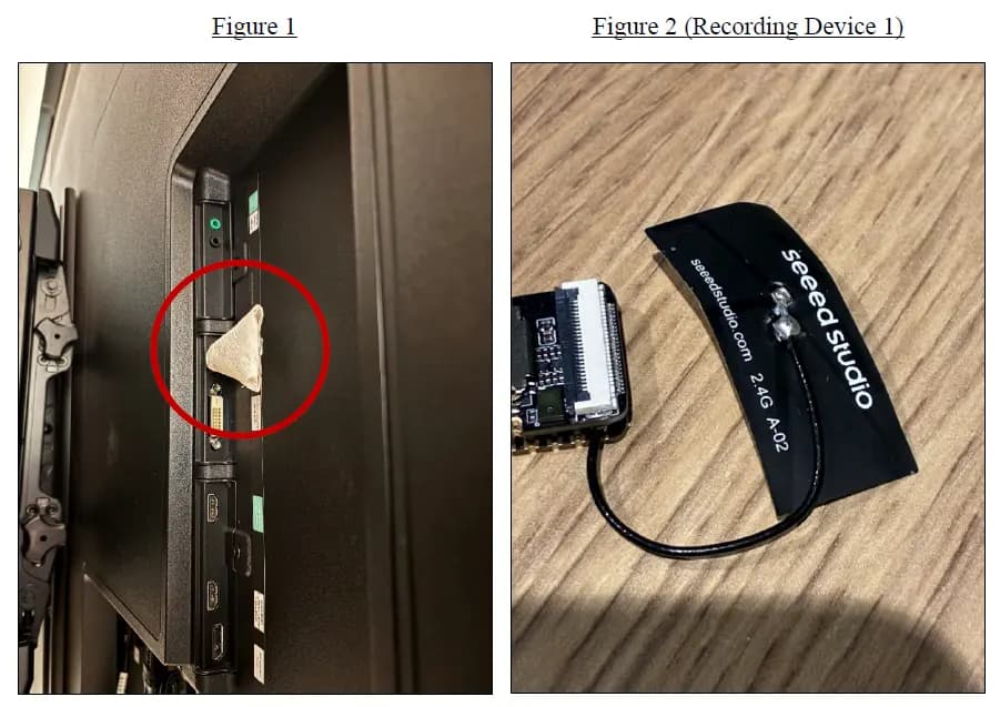 <em>Agentes del FBI informaron que este dispositivo de grabación oculto estaba conectado a un televisor dentro de una sala de juntas ejecutiva en la sede de OpenAI en San Francisco. El dispositivo fue encontrado el 30 de septiembre de 2026. (Departamento de Justicia).</em>