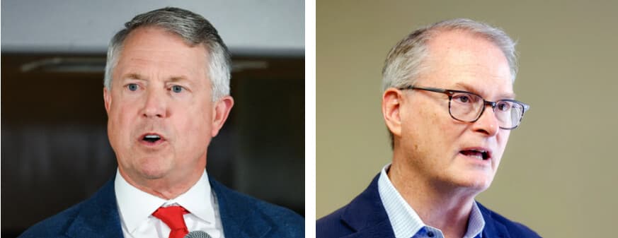 (Izquierda) El senador Roger Marshall (R-Kansas) habla durante un evento de la gira "Trump Accounts Tour" en Westlake Village, California, el 29 de mayo de 2026. (Derecha) El candidato demócrata al Senado, Adam Hamilton, en Olathe, Kansas, el 12 de agosto de 2026. (Patrick T. Fallon / AFP vía Getty Images, Colin E. Braley/AP Photo).