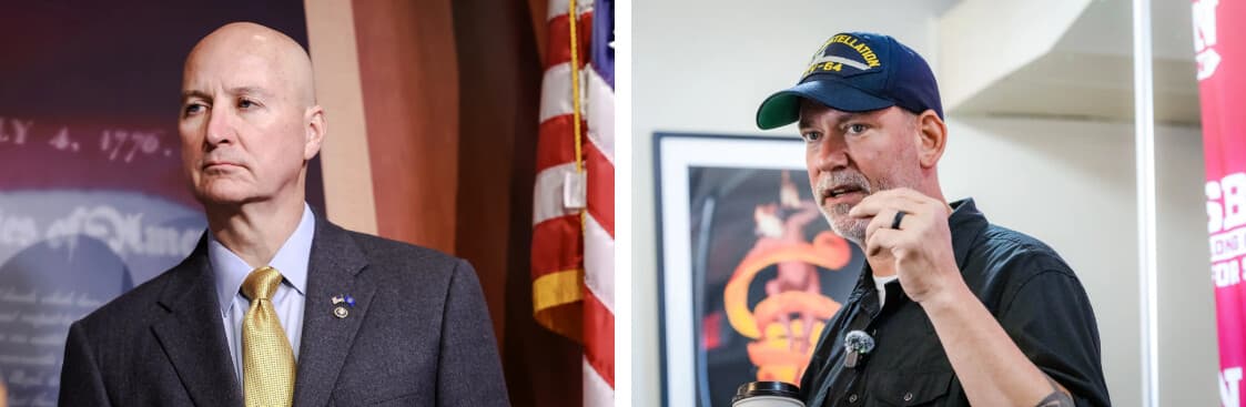 (Izquierda) El senador Pete Ricketts (R-Neb.) asiste a una conferencia de prensa en el Capitolio de los Estados Unidos el 31 de octubre de 2023. (Derecha) Dan Osborn, candidato independiente para representar a Nebraska en el Senado de los Estados Unidos, celebra una reunión pública en Arapahoe, Nebraska, el 3 de septiembre de 2026. (Kevin Dietsch/Getty Images, Austin Johnson/AFP vía Getty Images).
