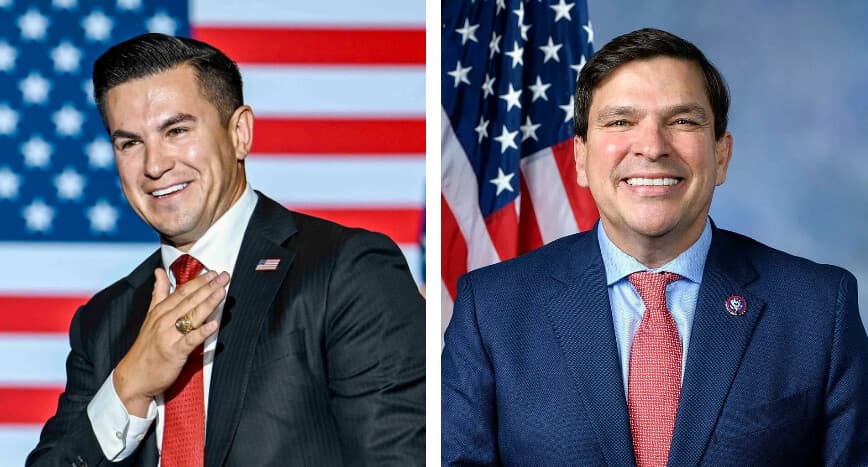 (Izquierda) El candidato republicano Eric Flores, que se postula para el escaño del Distrito 34 del Congreso de Texas, habla antes del vicepresidente JD Vance en un mitin de campaña para candidatos republicanos de Texas, en Harlingen, Texas, el 30 de septiembre de 2026. (Derecha) El representante Vicente González (D-Texas) en un retrato oficial de 2023. (Kenny Holston/Pool/Getty Images, Cámara de Representantes de EE. UU.).