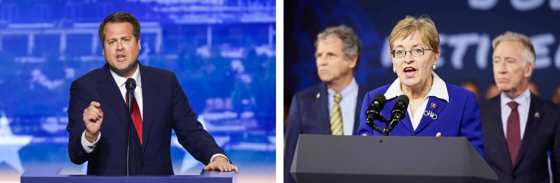 (Izquierda) El candidato republicano al Congreso por Ohio y exrepresentante estatal Derek Merrin habla en la Convención Nacional Republicana de 2026 en Dallas el 10 de septiembre de 2026. (Derecha) La representante Marcy Kaptur (D-Ohio) habla en Cleveland el 6 de julio de 2022. (Alex Wong/Getty Images, Angelo Merendino/Getty Images).