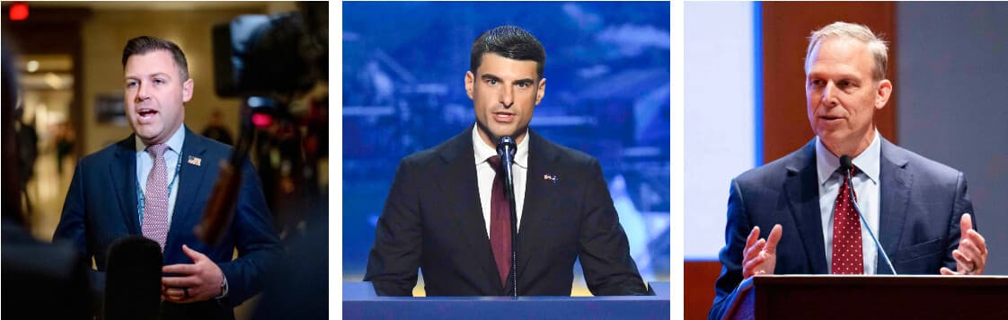(Izquierda) El representante Ryan Mackenzie (R-Pa.) habla con un periodista en el Capitolio en Washington el 14 de noviembre de 2024. (Centro) El representante Rob Bresnahan (R-Pa.) habla en la Convención Nacional Republicana de Medio Término en Dallas el 9 de septiembre de 2026. (Derecha) El representante Scott Perry (R-Pa.) habla en un foro en el Capitolio de los Estados Unidos el 17 de julio de 2025. (Andrew Harnik/Getty Images, Patrick T. Fallon/AFP vía Getty Images, Samira Bouaou/The Epoch Times).