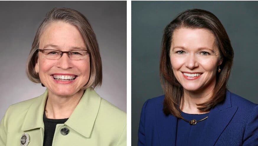 (Izquierda) La entonces senadora estatal de Iowa, Mariannette Miller-Meeks, en un retrato oficial de 2019. (Derecha) La entonces representante estatal de Iowa, Christina Bohannan, en un retrato oficial de 2021. (Senado del Estado de Iowa, Asamblea General de Iowa)