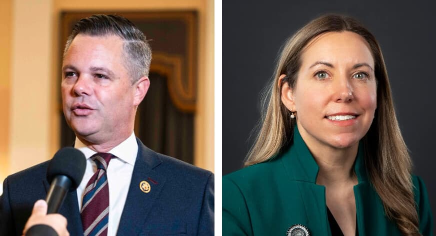 (Izquierda) El representante republicano Zach Nunn (R-Iowa) habla con los periodistas después de una audiencia en el Capitolio en Washington el 15 de mayo de 2025. (Derecha) La senadora estatal demócrata de Iowa, Sarah Trone Garriott, en un retrato oficial de 2023. (Madalina Vasiliu/The Epoch Times/Asamblea General de Iowa).