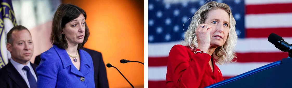 (Izquierda) La entonces representante Elaine Luria (D-Va.) habla junto al representante Josh Gottheimer (D-N.J.) en el Capitolio en Washington el 6 de abril de 2022. (Derecha) La representante Jen Kiggans (R-Va.) habla durante un evento en Virginia Beach, Virginia, el 1 de julio de 2026. (Kevin Dietsch/Getty Images, Ken Cedeno/Pool/AFP vía Getty Images).