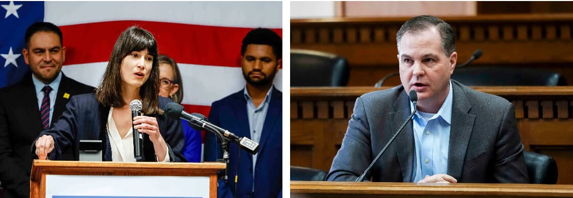 (Izquierda) La demócrata Marie Gluesenkamp Pérez, recién elegida para representar al estado de Washington en la Cámara de Representantes de EE. UU., habla en un evento del Caucus Hispano del Congreso en la sede del Comité Nacional Demócrata en Washington el 18 de noviembre de 2022. (Derecha) El líder republicano del Senado del estado de Washington, John Braun, habla en el Capitolio estatal en Olympia, Washington, el 9 de enero de 2025. (Anna Moneymaker/Getty Images, AP Photo/Lindsey Wasson, Archivo).