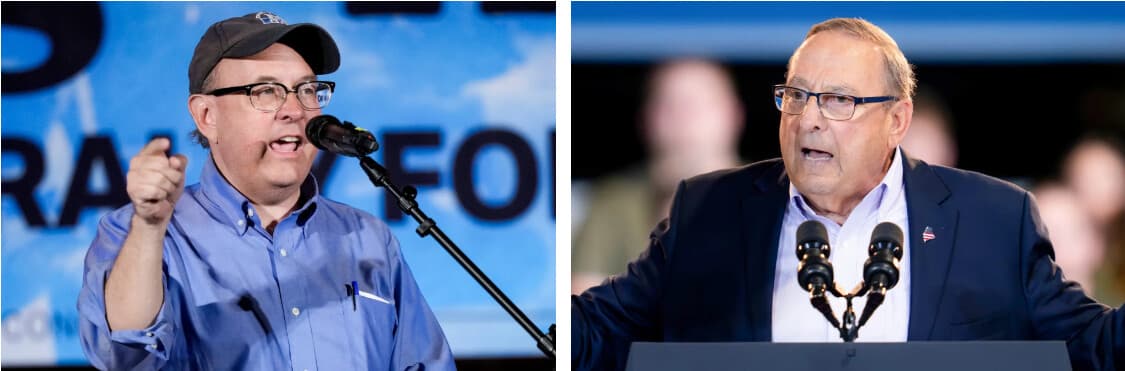 (Izquierda) Matt Dunlap, auditor estatal y candidato demócrata a la Cámara de Representantes, habla en un acto de campaña en Bar Harbor, Maine, el 5 de junio de 2026. (Derecha) El exgobernador de Maine, Paul LePage, durante una visita a Brewer, Maine, el 24 de agosto de 2026. (Robert F. Bukaty/AP Photo, Gabe Souza/AP Photo).