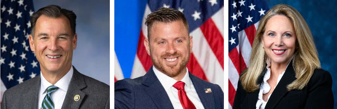 (Izquierda) El representante demócrata Tom Suozzi (D-N.Y.), en un retrato oficial de 2024. (Centro) El exasambleísta estatal Mike LiPetri, candidato republicano al Tercer Distrito Congresional de Nueva York, habla en Bethpage, NY, el 17 de junio de 2026. (Derecha) La representante demócrata Laura Gillen (D-N.Y.), en un retrato oficial de 2024. (Cámara de Representantes de los Estados Unidos, Samira Bouaou/The Epoch Times).