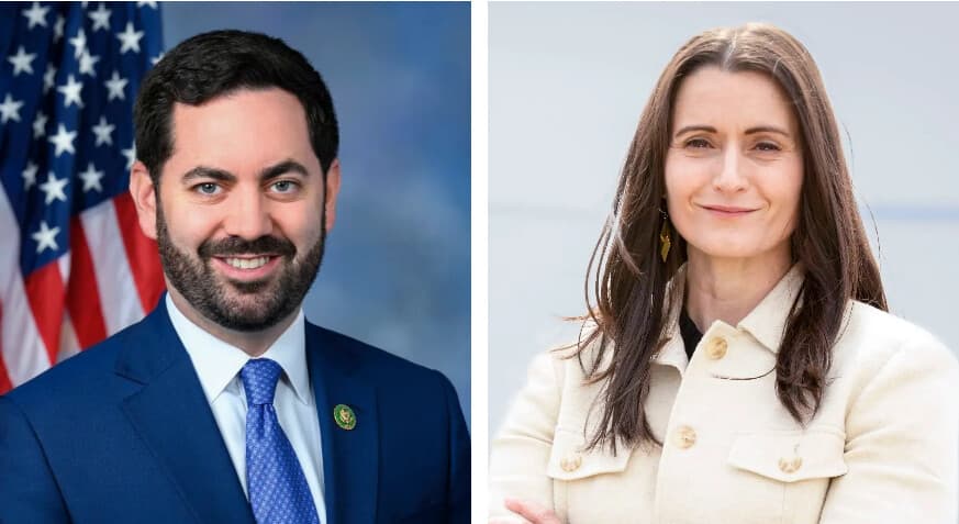 (Izquierda) El representante Mike Lawler (R-N.Y.), en un retrato oficial de 2023. (Derecha) La veterana de operaciones especiales Cait Conley, demócrata candidata al 17.º distrito congresional de Nueva York, en el valle del Hudson, Nueva York, en junio de 2026. (Cámara de Representantes de los Estados Unidos, Wikiedits12453/CC BY-SA 4.0).