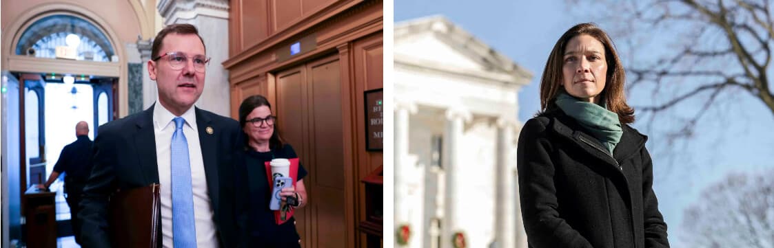 (Izquierda) El representante Thomas Kean Jr. (R-N.J.) llega al Capitolio de los Estados Unidos con su esposa, Rhonda Kean, en Washington el 30 de junio de 2026. (Derecha) La ex piloto de helicóptero de la Armada de los Estados Unidos, Rebecca Bennett, candidata demócrata al Séptimo Distrito Congresional de Nueva Jersey, en Somerville, N.J., el 16 de diciembre de 2025. (Anna Moneymaker/Getty Images, Jeenah Moon/Reuters).
