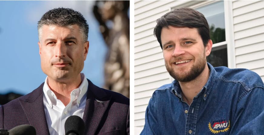 (Izquierda) El representante Tom Barrett (R-Mich.) habla en un acto de campaña en Mason, Michigan, el 7 de octubre de 2026. (Derecha) El activista demócrata William Lawrence, candidato al séptimo distrito congresional de Michigan, el 20 de mayo de 2026. (Bill Pugliano/Getty Images, Sabio117/CC0).