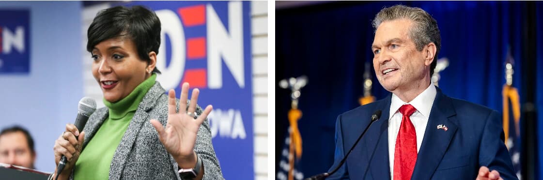 (Izquierda) La entonces alcaldesa de Atlanta, Keisha Lance Bottoms, habla en Cedar Rapids, Iowa, el 10 de enero de 2020. (Derecha) El director ejecutivo de Jackson Healthcare y candidato republicano a gobernador, Rick Jackson, habla en una fiesta para seguir los resultados electorales en Atlanta el 19 de mayo de 2026. (Rebecca F. Miller/The Gazette vía AP, Archivo, Elijah Nouvelage/Getty Images).