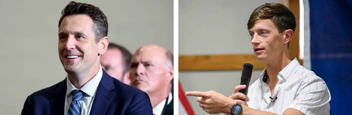 (Izquierda) El candidato republicano a gobernador de Iowa, Zach Lahn, reacciona al ser presentado por el vicepresidente JD Vance durante un mitin de mitad de mandato del Comité Nacional Republicano en Council Bluffs, Iowa, el 18 de septiembre de 2026. (Derecha) El auditor estatal de Iowa y candidato demócrata a gobernador, Rob Sand, se dirige a los votantes en Carroll, Iowa, el 20 de agosto de 2026. (Anna Moneymake/Pool/AFP vía Getty Images, Leon Neal/Getty Images).