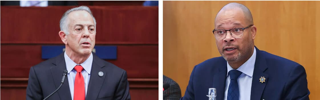 (Izquierda) El gobernador de Nevada, Joe Lombardo, republicano, pronuncia su discurso sobre el estado del estado en Carson City, Nevada, el 15 de enero de 2025. (Derecha) El fiscal general de Nevada, Aaron Ford, candidato demócrata a gobernador, responde a una pregunta en un evento previo a su intervención ante el Comité de Derechos Humanos de la ONU como parte de una delegación estadounidense, en Ginebra, Suiza, el 17 de octubre de 2023. (Madeline Carter/Las Vegas Review-Journal vía AP, Departamento de Estado de EE. UU.).