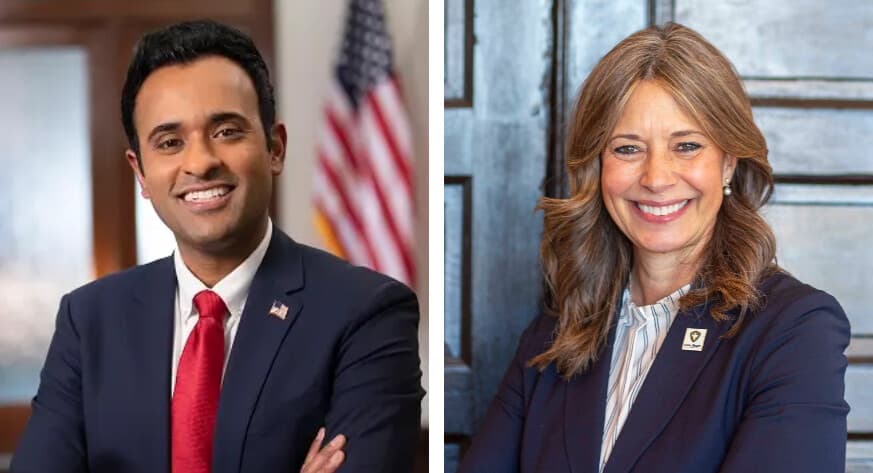 (Izquierda) Vivek Ramaswamy, candidato republicano a gobernador de Ohio, en un retrato oficial de campaña. (Derecha) Amy Acton, exdirectora de salud del estado de Ohio y candidata demócrata a gobernadora, en un retrato de 2026. (Cortesía de Vivek for Ohio, Ohioans for Amy Acton y David Pepper).