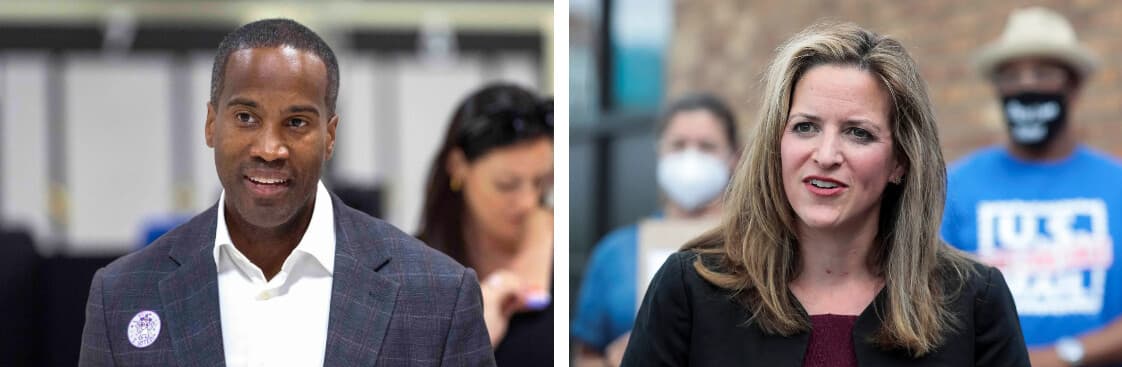 (Izquierda) El candidato republicano a gobernador de Michigan, John James, sale de su centro de votación tras emitir su voto en Shelby, Michigan, el 4 de agosto de 2026. (Derecha) La secretaria de Estado de Michigan, Jocelyn Benson, candidata demócrata a gobernadora, habla en Detroit el 18 de agosto de 2020. (Scott Olson/Getty Images, Rebecca Cook/Reuters).