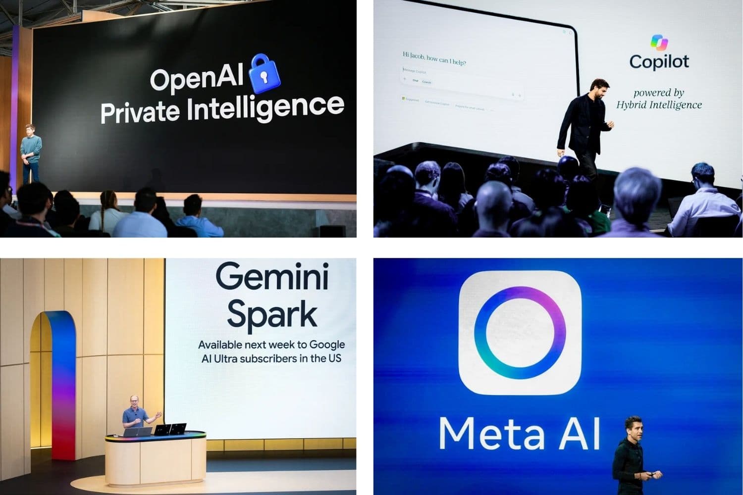 (En el sentido de las agujas del reloj desde la parte superior izquierda) El director ejecutivo de OpenAI, Sam Altman, pronuncia el discurso de apertura durante la conferencia de desarrolladores de OpenAI en San Francisco el 29 de septiembre de 2026; Jacob Andreou, vicepresidente ejecutivo de Microsoft Copilot, habla en un evento de Windows en San Francisco el 7 de octubre de 2026; Chris Cox, director de Producto de Meta, habla en LlamaCon 2025, una conferencia de desarrolladores de IA, en Menlo Park, California, el 29 de abril de 2025; Josh Woodward, vicepresidente de Google Labs y Gemini, habla durante el discurso de apertura en Google I/O en Mountain View, California, el 19 de mayo de 2026. (Heather Diehl/Getty Images, Jeff Chiu/AP Photo/Archivo, Benjamin Fanjoy/Getty Images)